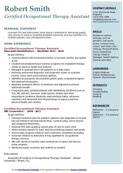 certified occupational therapy assistant resume samples qwikresume