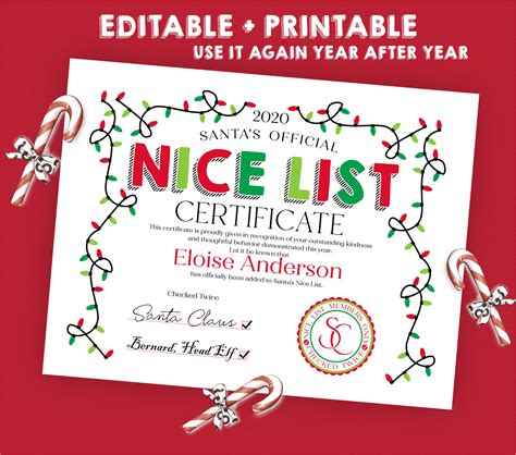 printable nice list certificate  santa claus editable