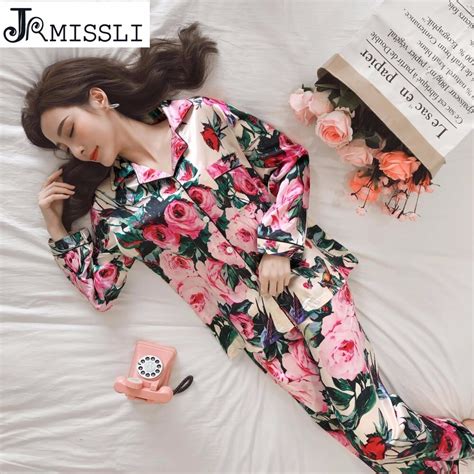 Jrmisssli Spring Women Pajamas Suit Silk Sleepwear Satin Pajamas Set