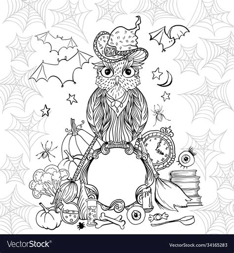 halloween coloring page  owl  hat witch vector image