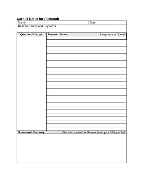 cornell notes template fillable printable  forms handypdf