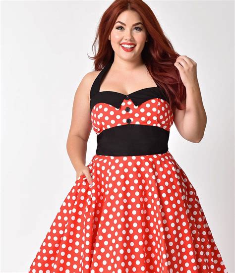 plus size 1950s style red and white polka dot ashley halter swing dress