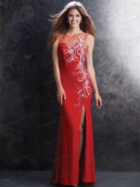 2015 sexy sheer back open leg long red prom dress mermaid bateau neck
