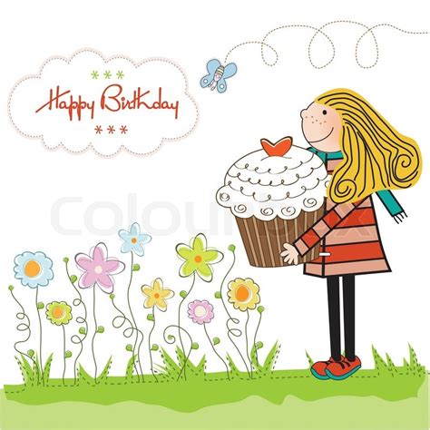 Happy Birthday Card With Girl And Cupcake Stock Vector Colourbox