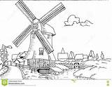 Mill Dutch Landscape Coloring Drawn Hand Adult Book Designlooter 86kb 1300 Vector Preview sketch template