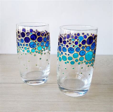 Blue Drinking Glasses Set For Couple Painted Glass Tumblers Water