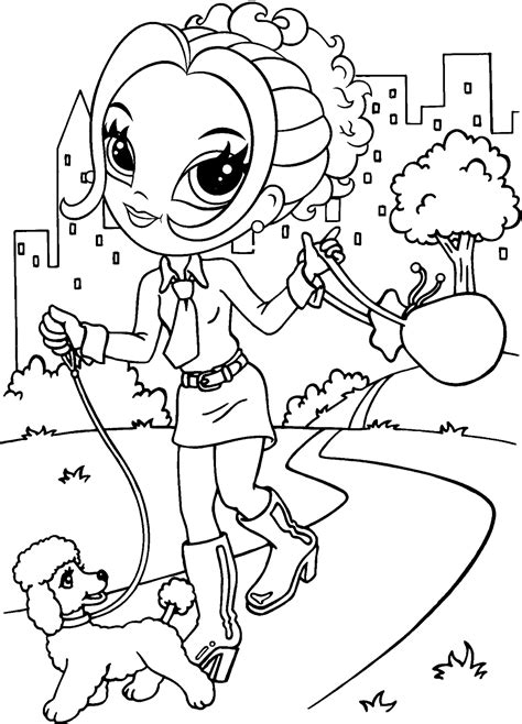 coloring page girl  walking  pet