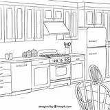 Kitchen Coloring Interior Pages Colouring Room Vector Cooking sketch template