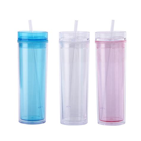 16oz Clear Acrylic Skinny Tumbler Double Wall With Lid And Straw Mug
