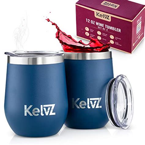 kelvz 2 pack insulated wine tumbler with lid 12 oz stemless wine