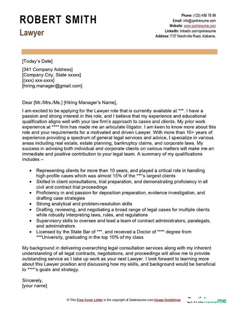 lawyer cover letter examples qwikresume
