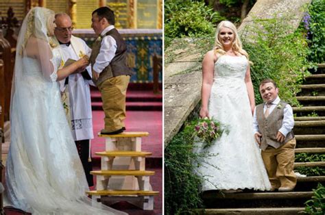 groom brings stepladder to wedding to kiss two foot taller bride