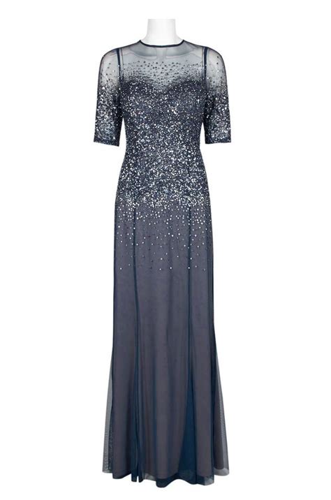 adrianna papell navy blue beaded illusion bodice mesh gown
