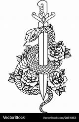 Snake Sword Tattoo Dagger Roses Vector sketch template