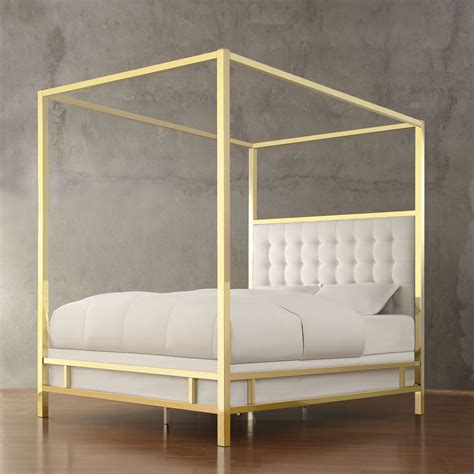 full size canopy bed  gold finish  button tufted upholstered headboard king size canopy