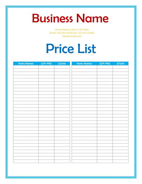 excel price list template  printable templates