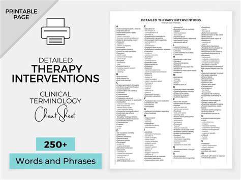 therapy interventions list clinical terms cheat sheet reference  progress note therapist