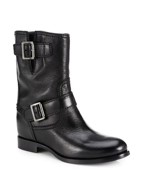 lyst prada short leather buckle boots  black