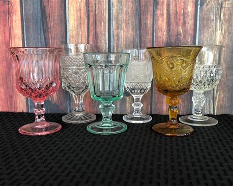 6 Mismatched Vintage Glassware Mixed Colored Glasses Boho Wedding