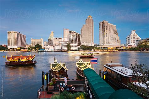 chao phraya river and the modern bangkok skyline bangrak district