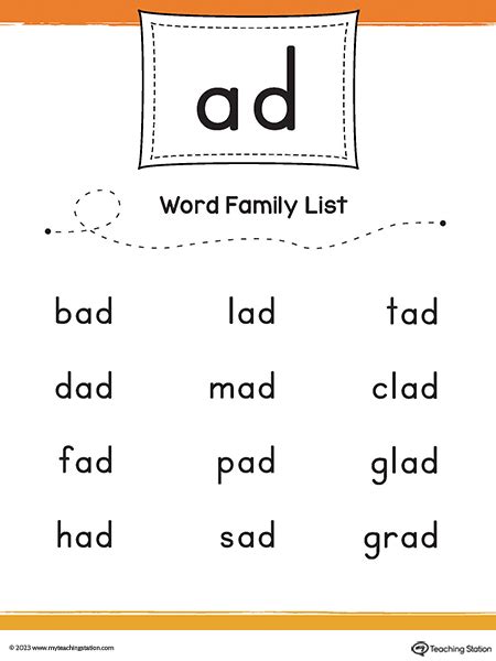 ad word family list printable  myteachingstationcom