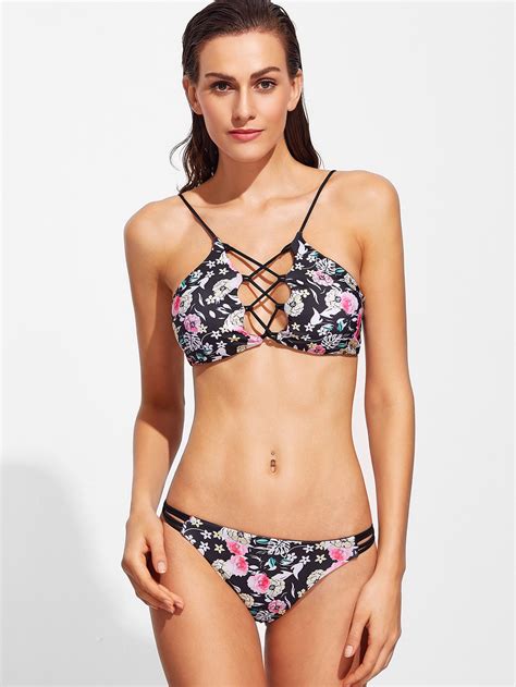 Black Floral Print Criss Cross Reversible Bikini Set Shein Sheinside
