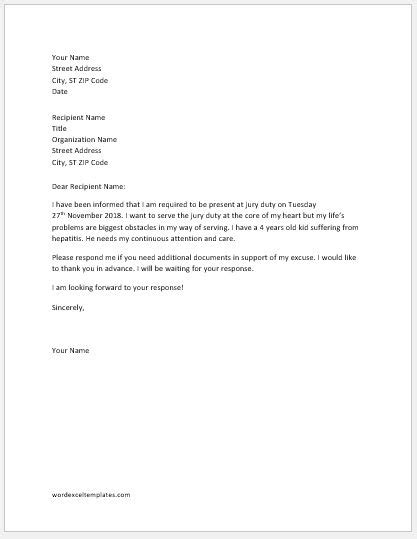 jury duty excuse letter sample template word and excel