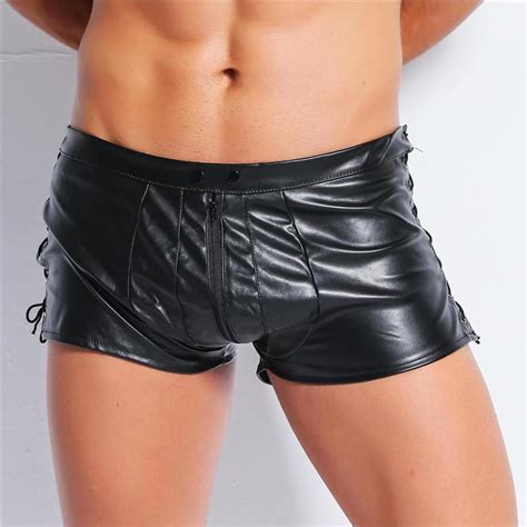 2019 sexy men black faux leather boxer shorts open pouch