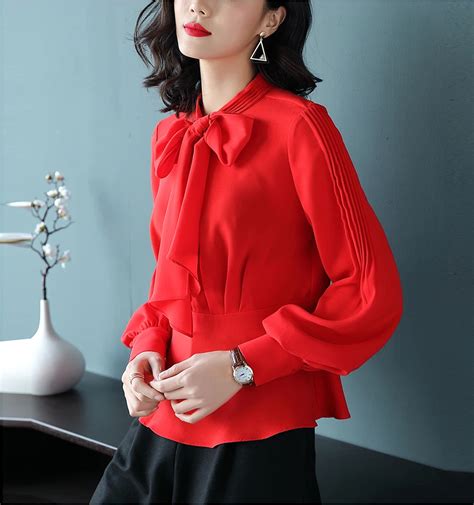 Womens 2018 Spring New Style Chiffon Red Blouse Long Sleeve Slim