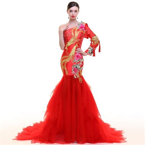 Red Women Phoenix Embroidery Dresses Traditional Evening Gown Qipao
