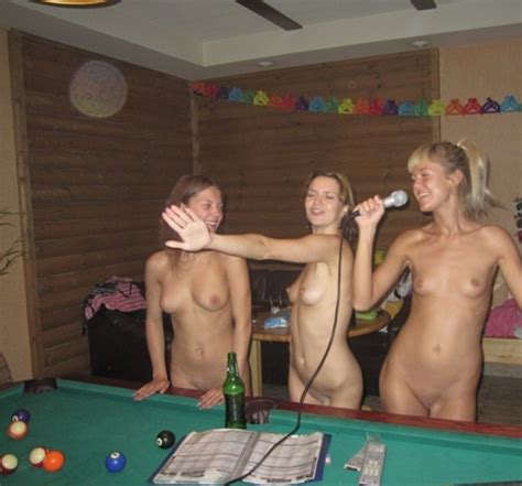 karaoke at the pool table group of nude girls sorted luscious