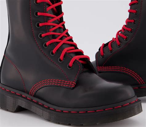 dr martens  eyelet lace  boots black red stitch ankle boots
