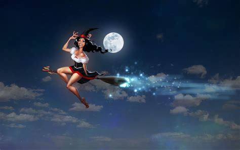 Witch On Her Broom Under The Full Moon Wallpaper Other Wallpaper Better