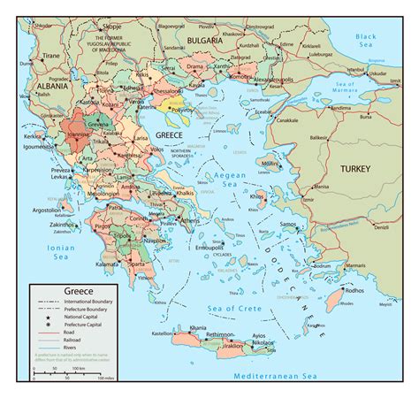 large political  administrative map  greece  roads  major