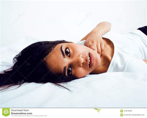 Pretty Indian Brunette Real Woman In Bed Smiling White
