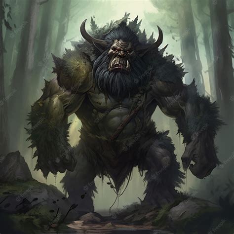 premium ai image  troll  horns stands   forest  trees