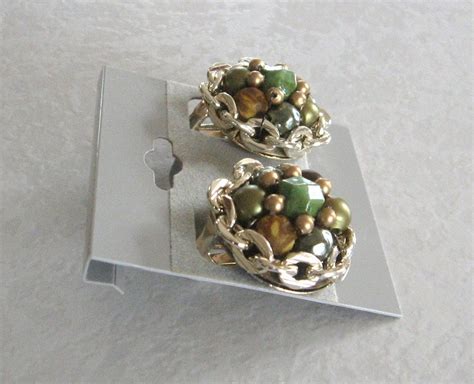 Green And Brown Beaded Clip On Earrings Retro Hong Kong Vintage Jewelry 1950s