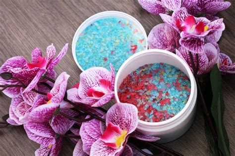 red  blue sea salt  pink orchid spa top view stock photo