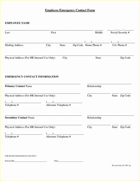 emergency contact form template  employees     printable employee emergency