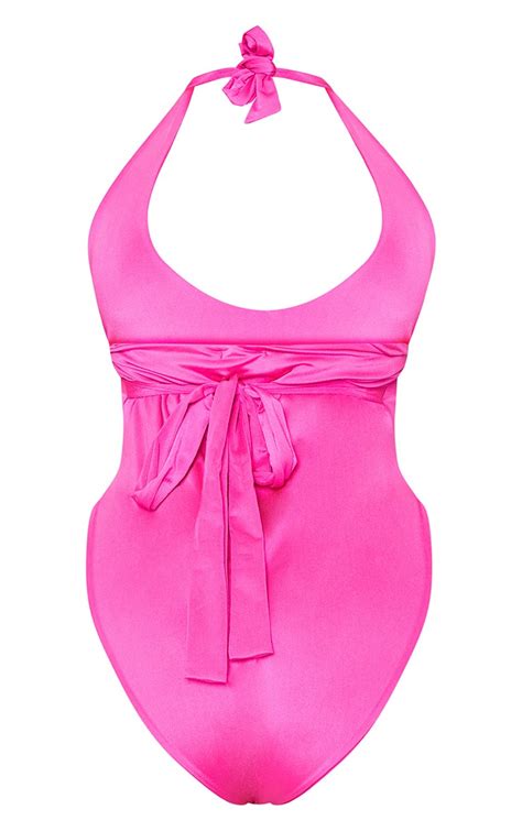 plus hot pink halterneck swimsuit plus size prettylittlething