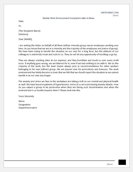hostile work environment complaint letter  boss copy