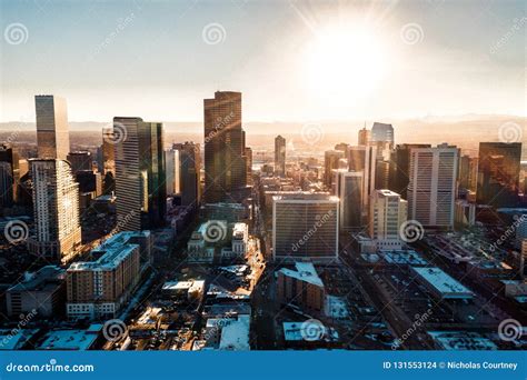 aerial drone photo city  denver colorado  sunset editorial stock image image