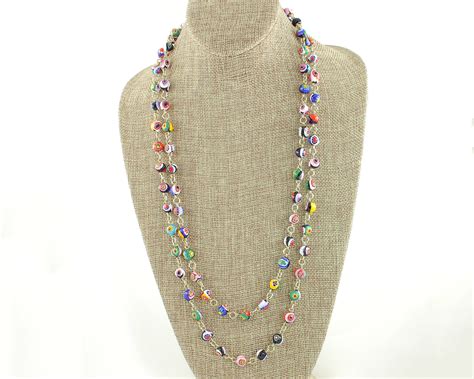 Millefiori Italian Glass Bead Long Necklace Colorful Station Necklace