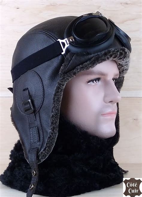 Gray Sheepskin Aviator Hat Black Leather Simon Model Aviator Hat
