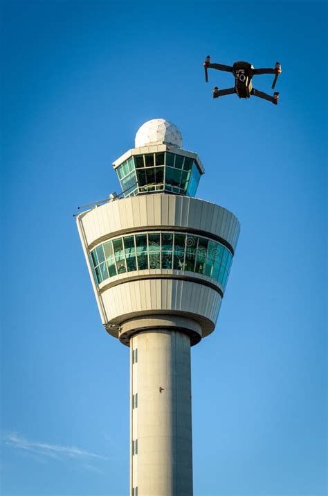 digital composite  drone  air traffic control tower  airport stock photo image