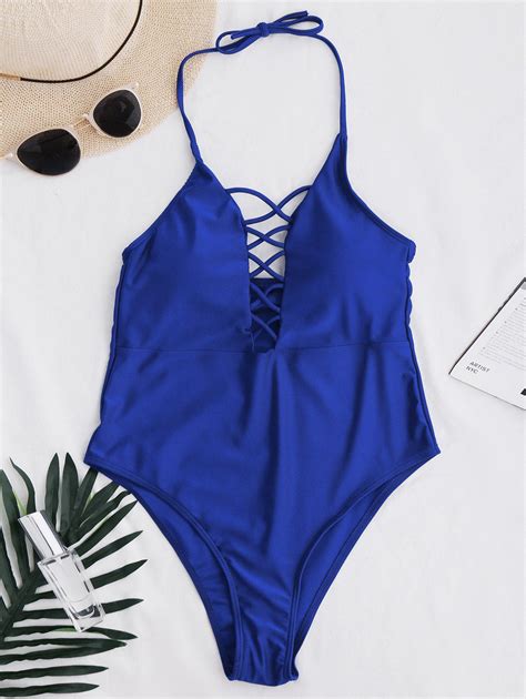 [21 Off] 2021 Cami Lace Up Swimsuit In Royal Zaful