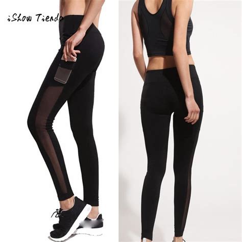 high quality sexy black mesh splice women yoga pants with pocket