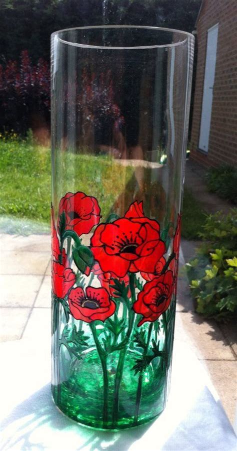 Hand Painted Glass Cylinder Vase With A Poppy Design