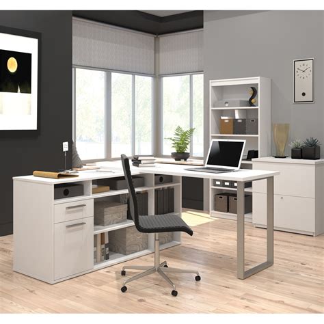 solay  shaped desk  lateral file  bookcase  white