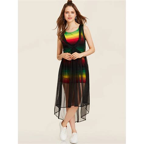 sexy women s round neck sleeveless mesh stripe high low dress n14517